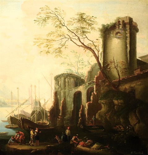 Paysage côtier avec port et ruines